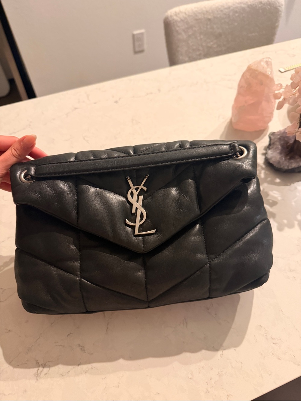 Saint Laurent Black Quilted Leather Chevron Shoulder Bag with Silver YSL Logo